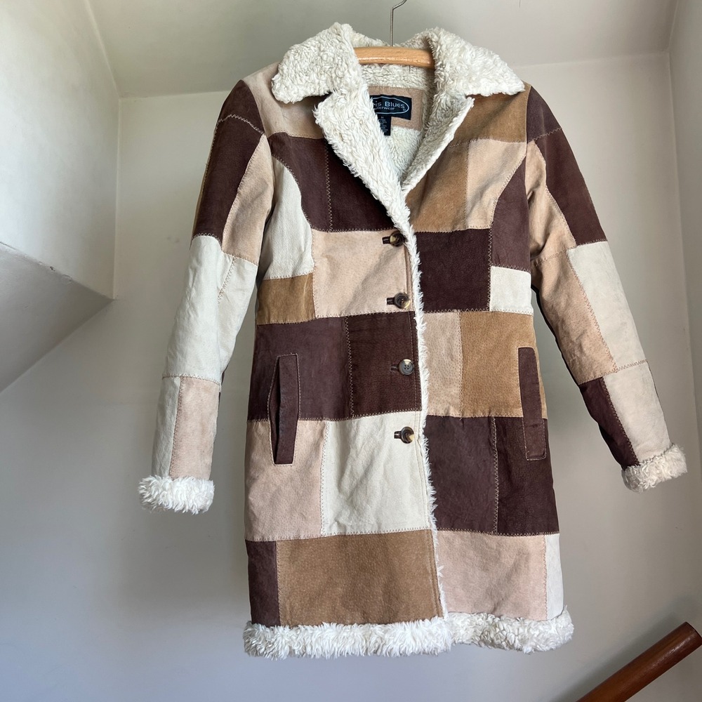 Vintage 90s Patchwork Suede Leather Jacket Trench Coat Brown Boho Penny Lane - Picture 2 of 9